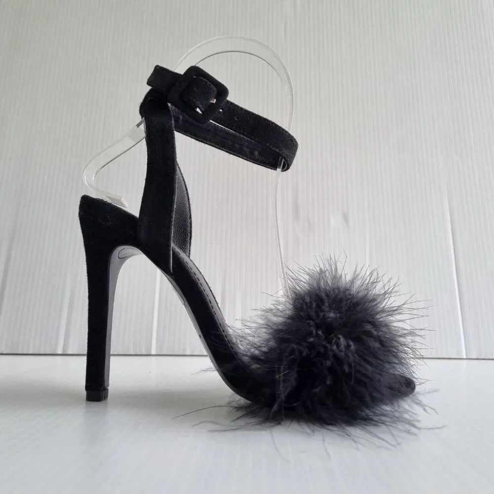 Aje. Black Feather & Suede Open Toe Stilettos Size 36 - Picture 4 of 10